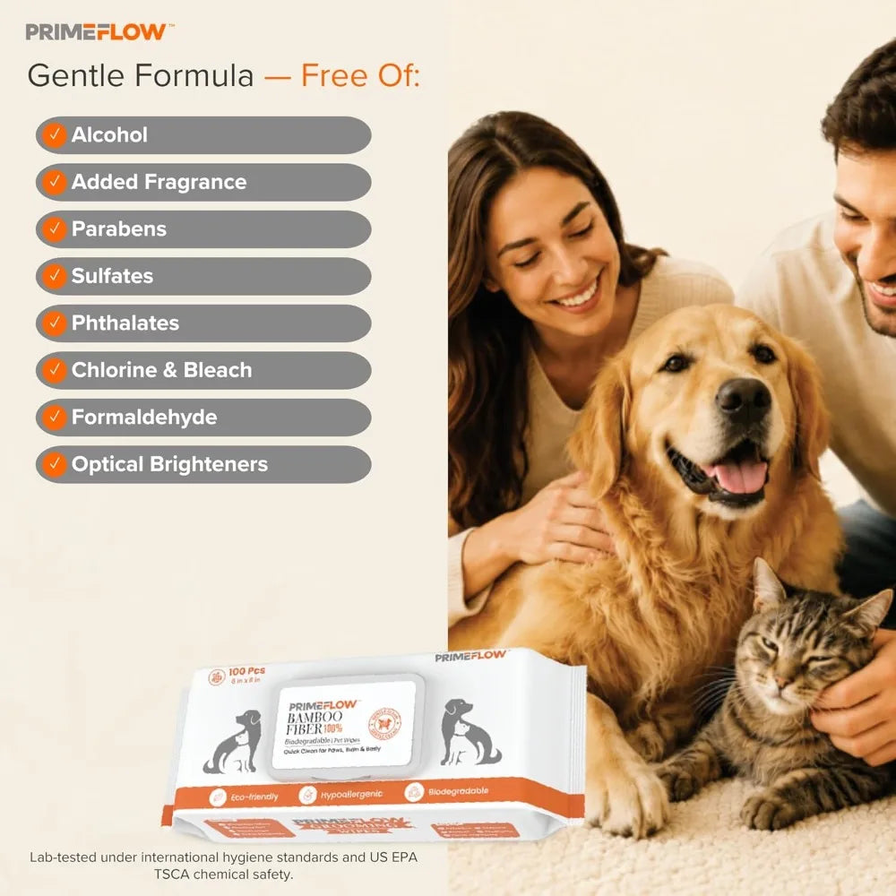 100% Bamboo Pet Wipes for Dogs & Cats, 100 Count, Alcohol-Free, Fragrance-Free, 8x8 in, Plant-Based, Lab-Tested
