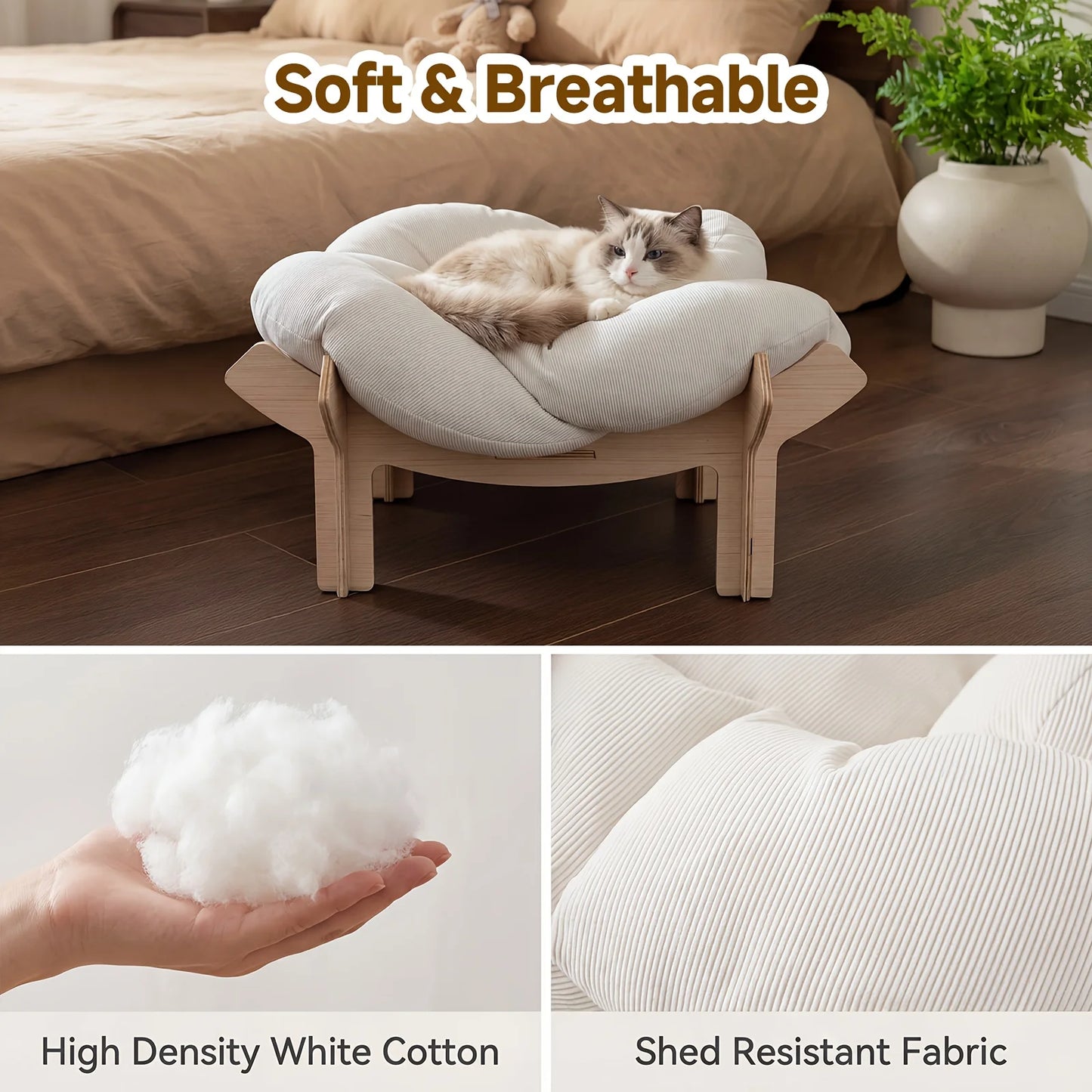 Large Flower-Shaped Pet Bed for Cats & Small Dogs - Modern Luxury High-Leg Sofa Bed with Solid Wood Base & Removable Mattress, I