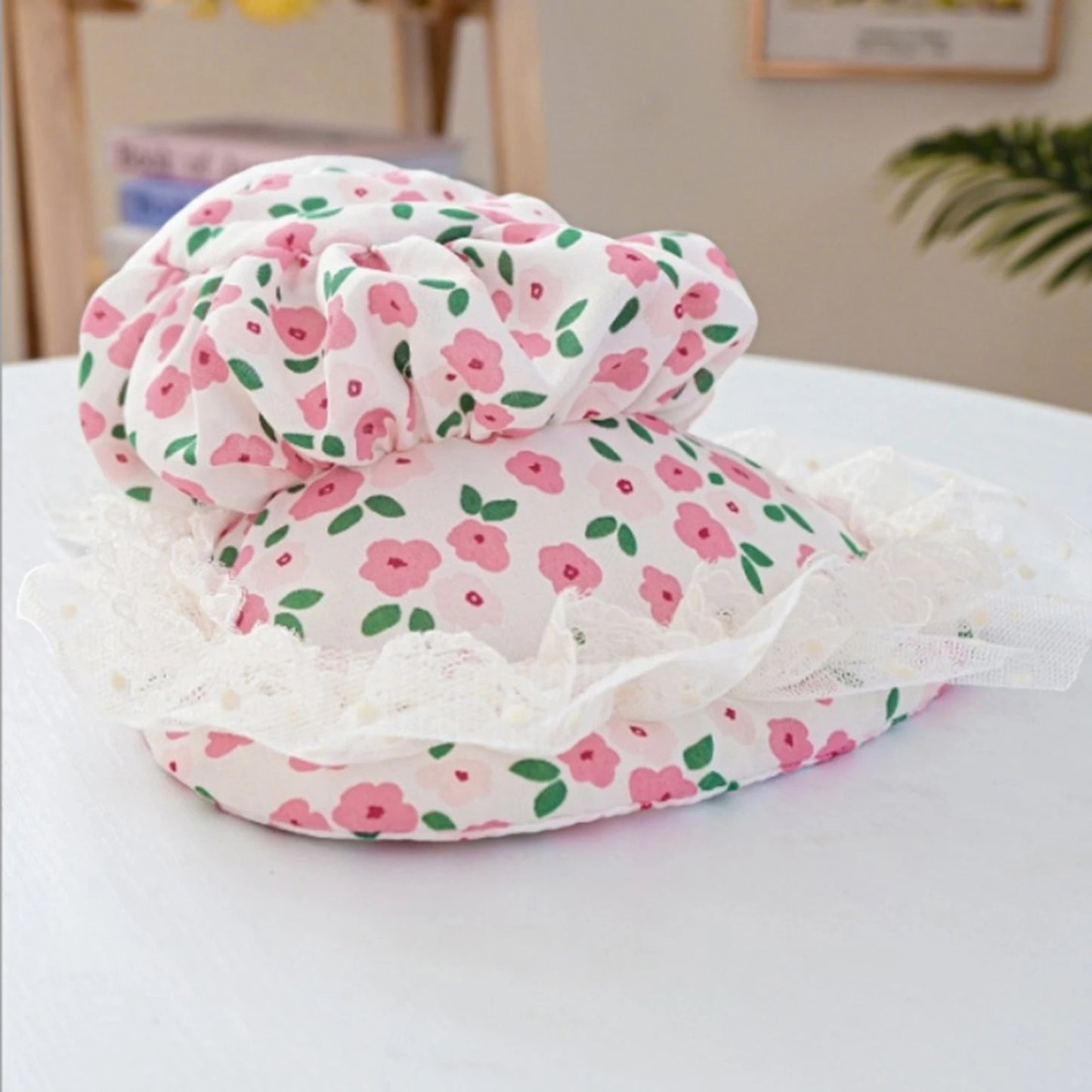 Pet Sun Hat with Floral Print and Lace Trim Double Layer Polyester Bonnet for Outdoor Dog Protection and Style