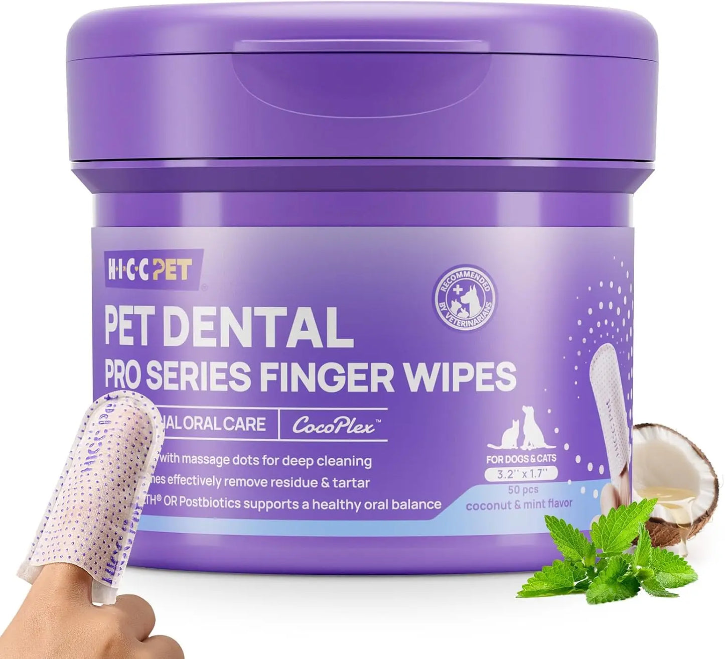 Pet Teeth Cleaning Wipes for Dogs & Cats, Vet-Recommended Finger Wipes, Reduce Plaque & Freshen Breath, No-Rinse Toothbrush Kit, Mint