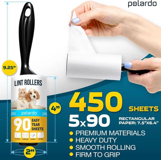 Pet Hair Lint Rollers, 5 Large Sticky Rollers, White, for Clothes, Couch, Carpet, Furniture