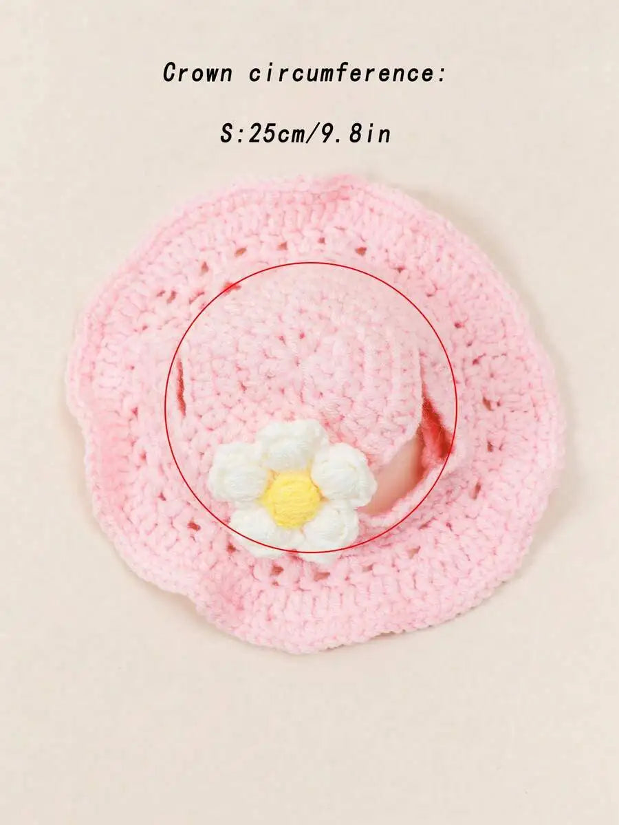 Knitted Pet Hat with Floral Trim for Cats and Small Dogs