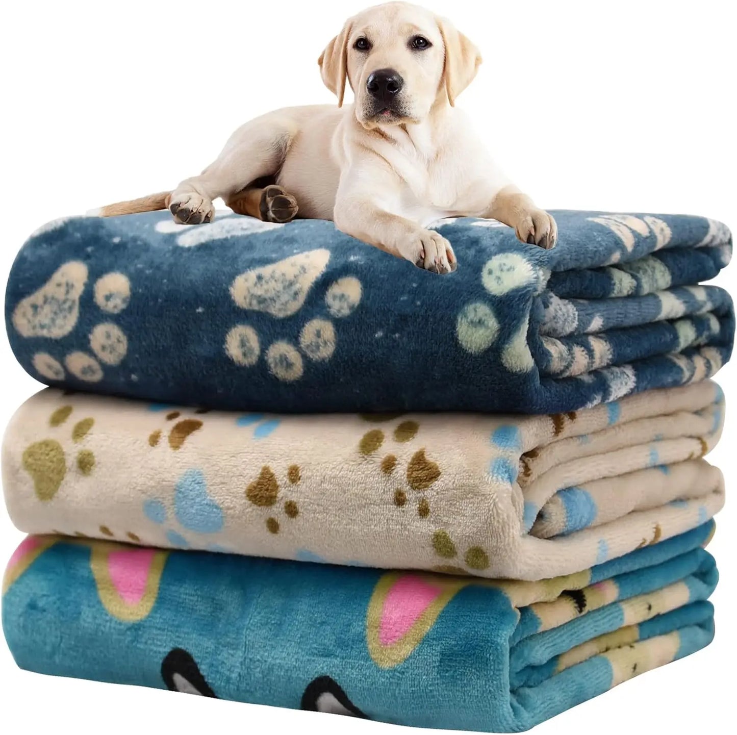 Soft Flannel Pet Blanket, Washable Dog Throw, Cute Paw Pattern, 41x31 inch, Blue/Beige/Navy