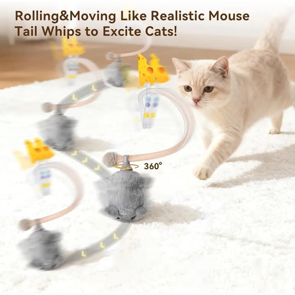 Interactive MigiMouse Cat Toy 360° Rolling & Spin with Mesh Plastic Tail or Indoor Cats Smart Motion Sensor, Realistic Squeak, R