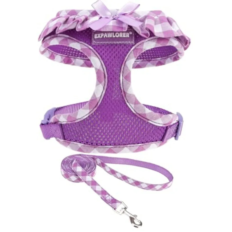 Cute Dog Harness Collar Leash Set - Girl Dog Harness Checke Step-in Design, Adjustable No-Choke Lightweight Mesh Vest for Cats