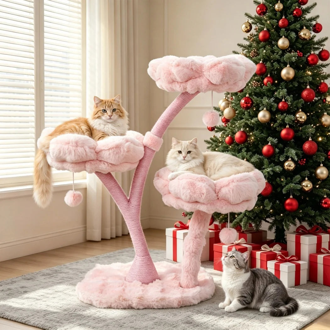 Pink Flower Cat Tree Tower with Scratching Post Wood Branch Cat Cushioned Bed Hanging Ball Toy