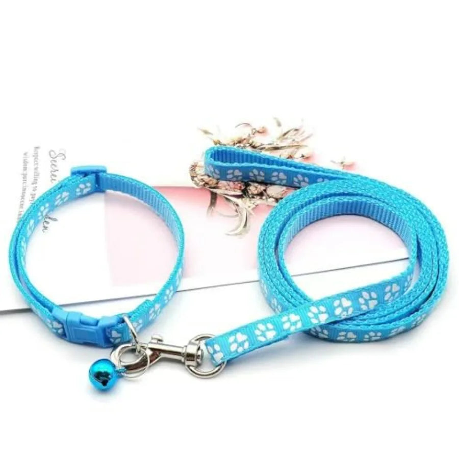 Purple Small Dog Collar and Leash Set, Pawprint Puppy Collar and Leash Adjustable Kitten Collar with Bell for Tiny Little XXS X