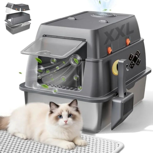 XXL Stainless Steel Cat Litter Box with Lid High Sided Enclosed Covered Litterbox Activated Carbon Odor Control Extra Large Met