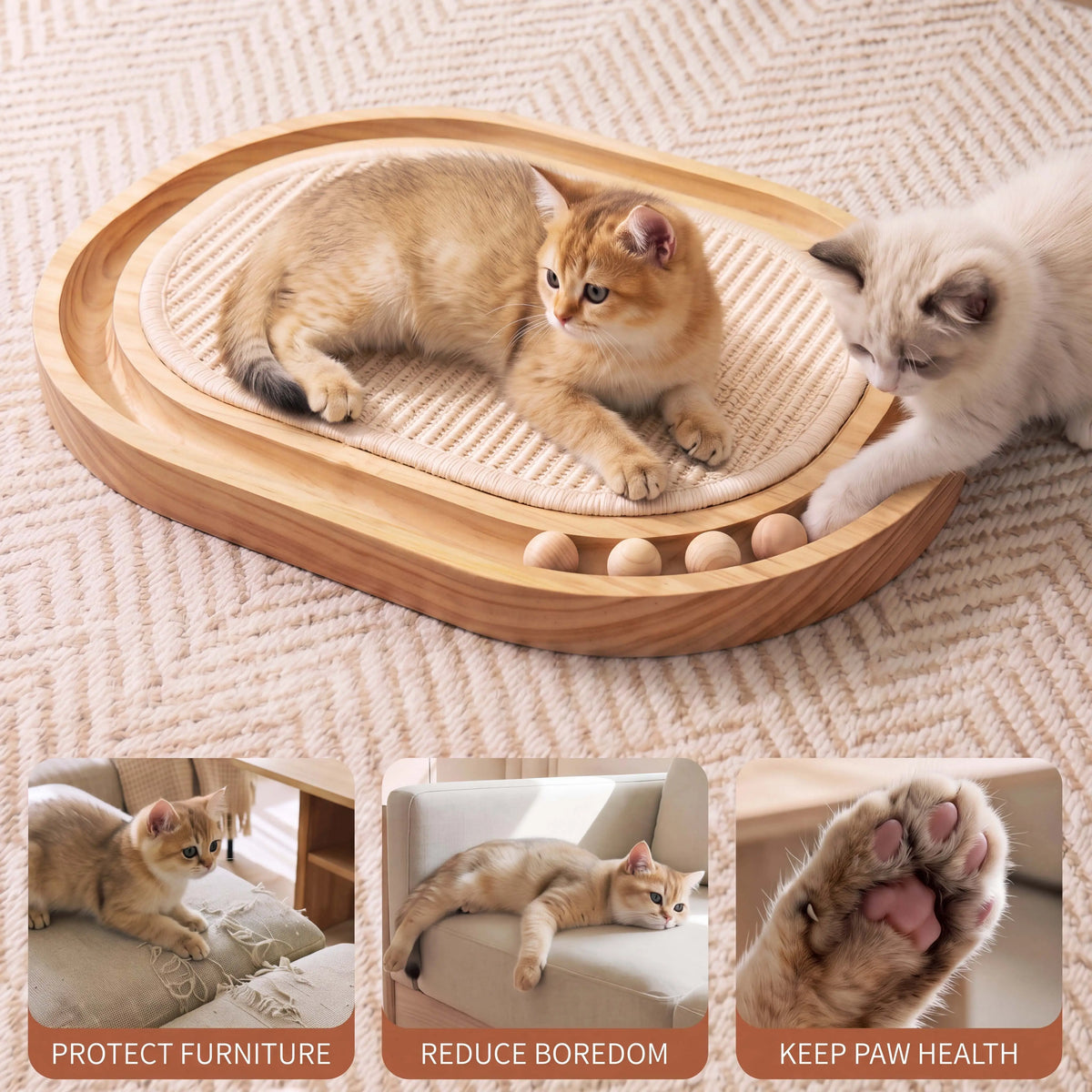 3-in-1 Cat Scratcher Toy, Wooden Oval Cat Scratching Pad with Sisal Surface, Rolling Balls, Low-Profile Resting Bed, Interactive Cat Toy for Scratching, Lounging and Play