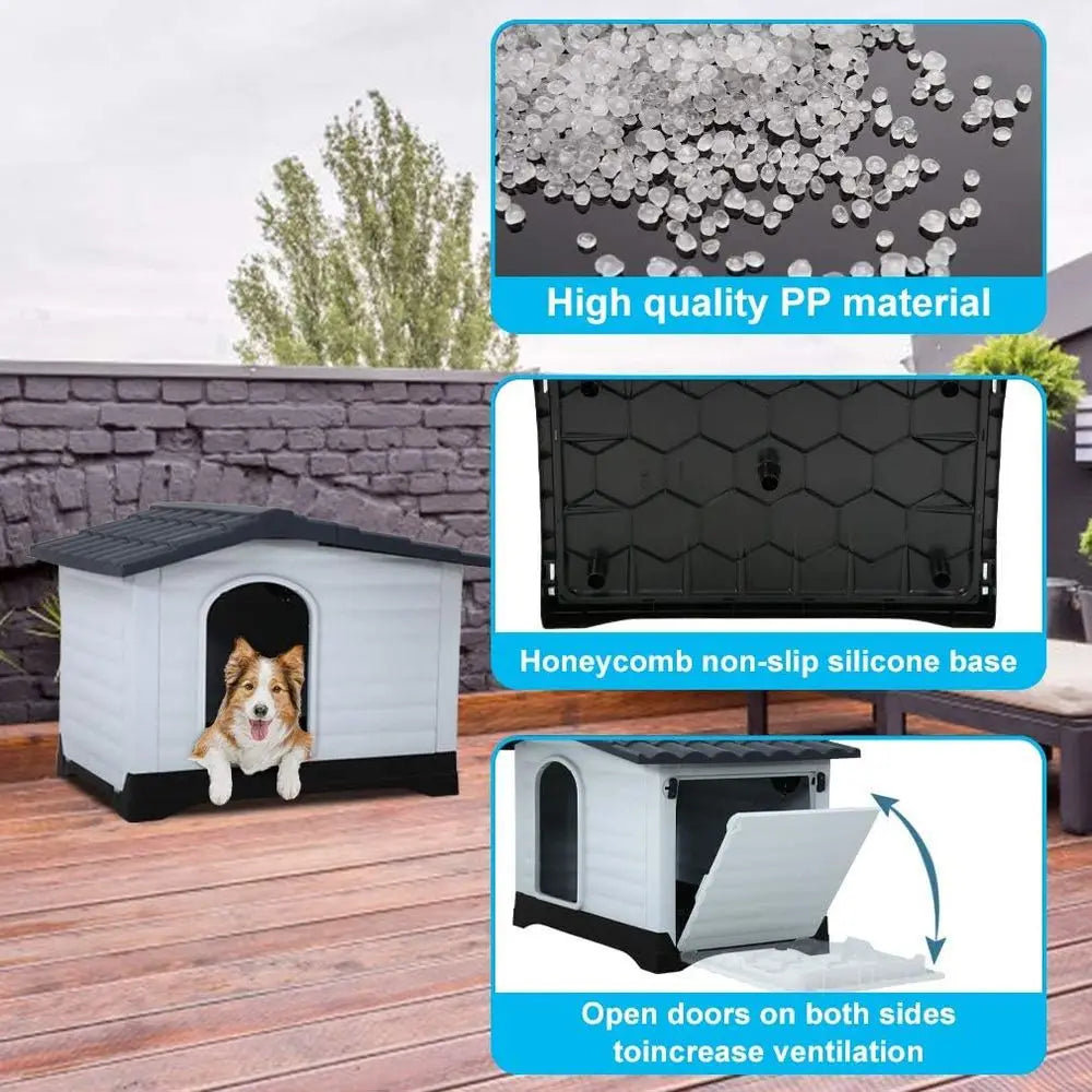 Durable Plastic Dog House for Medium to Large Dogs with Elevated Floor, Ventilated, Waterproof, Indoor/Outdoor Pet Shelter