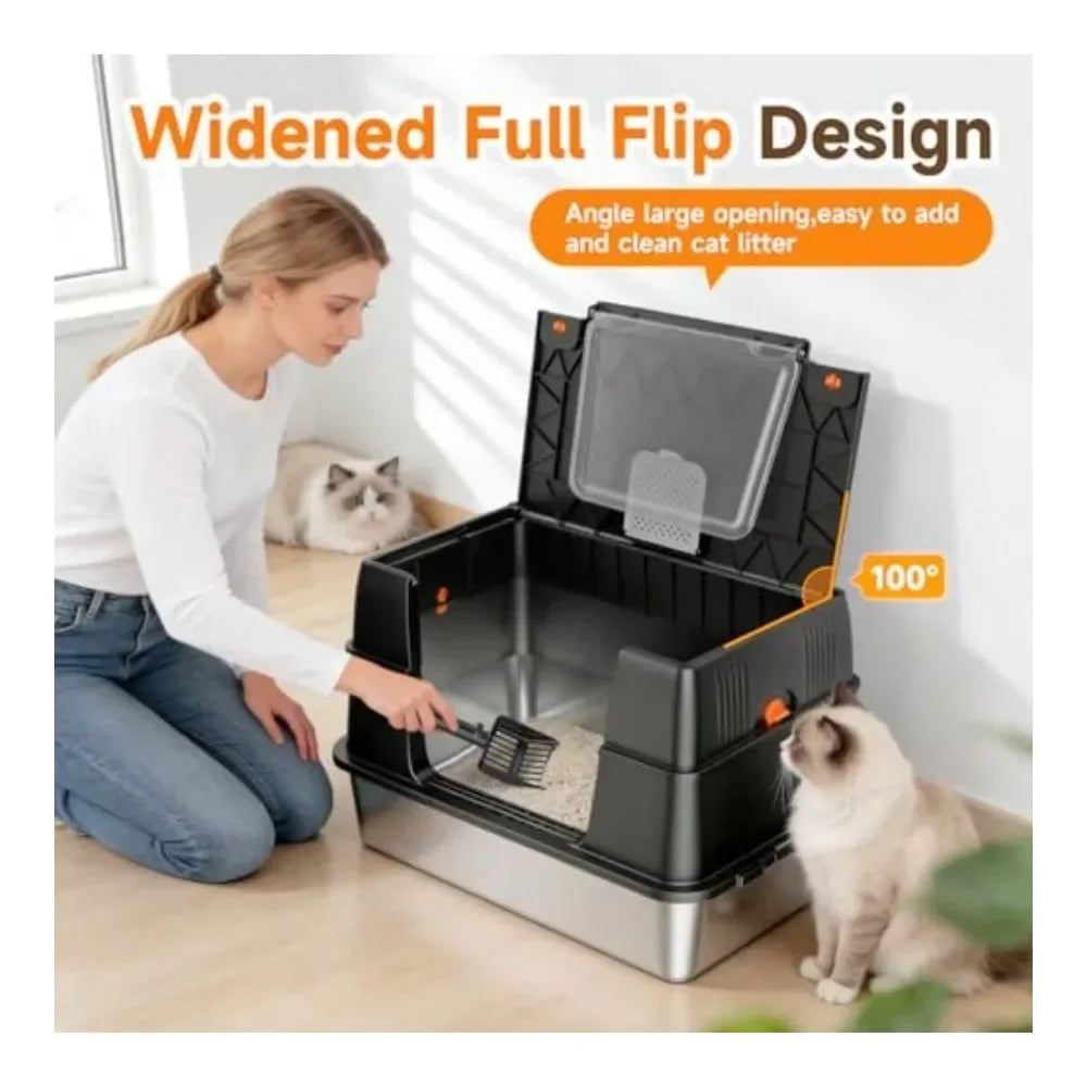 Cat Litter Box Litter Box Cat AccessoriesSteel Litter Box With Lid Side Entry Extra Large High Sided Enclosure Litter Box Remova