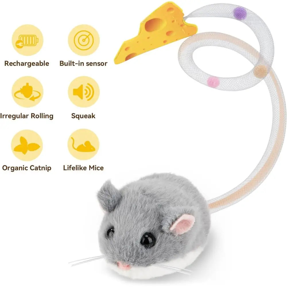 Interactive MigiMouse Cat Toy 360° Rolling & Spin with Mesh Plastic Tail or Indoor Cats Smart Motion Sensor, Realistic Squeak, R