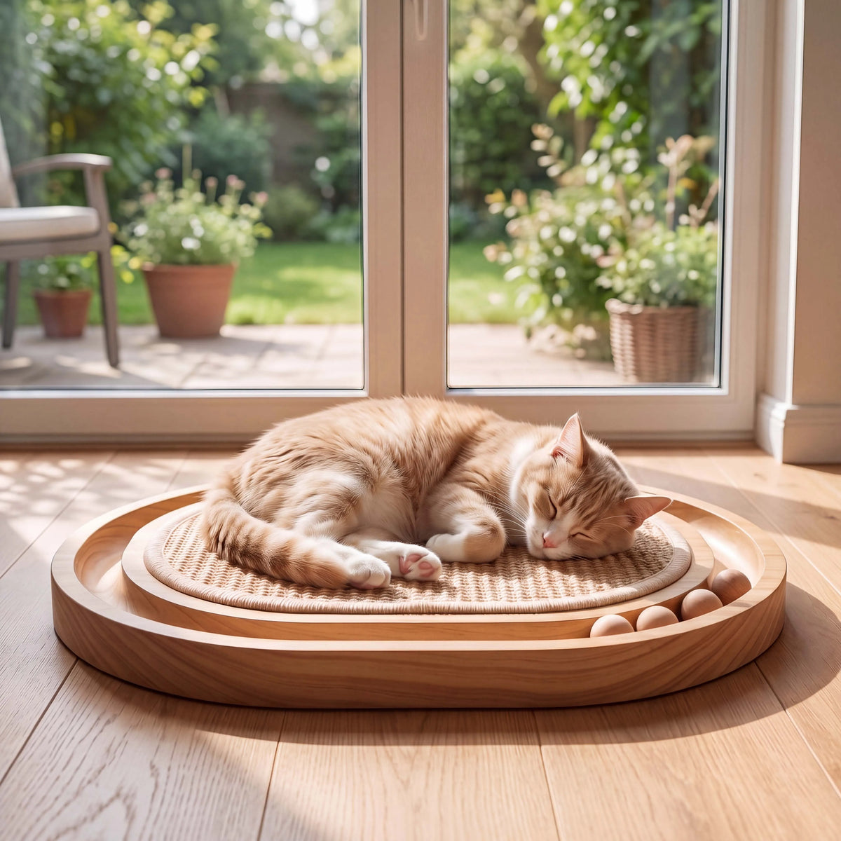 3-in-1 Cat Scratcher Toy, Wooden Oval Cat Scratching Pad with Sisal Surface, Rolling Balls, Low-Profile Resting Bed, Interactive Cat Toy for Scratching, Lounging and Play