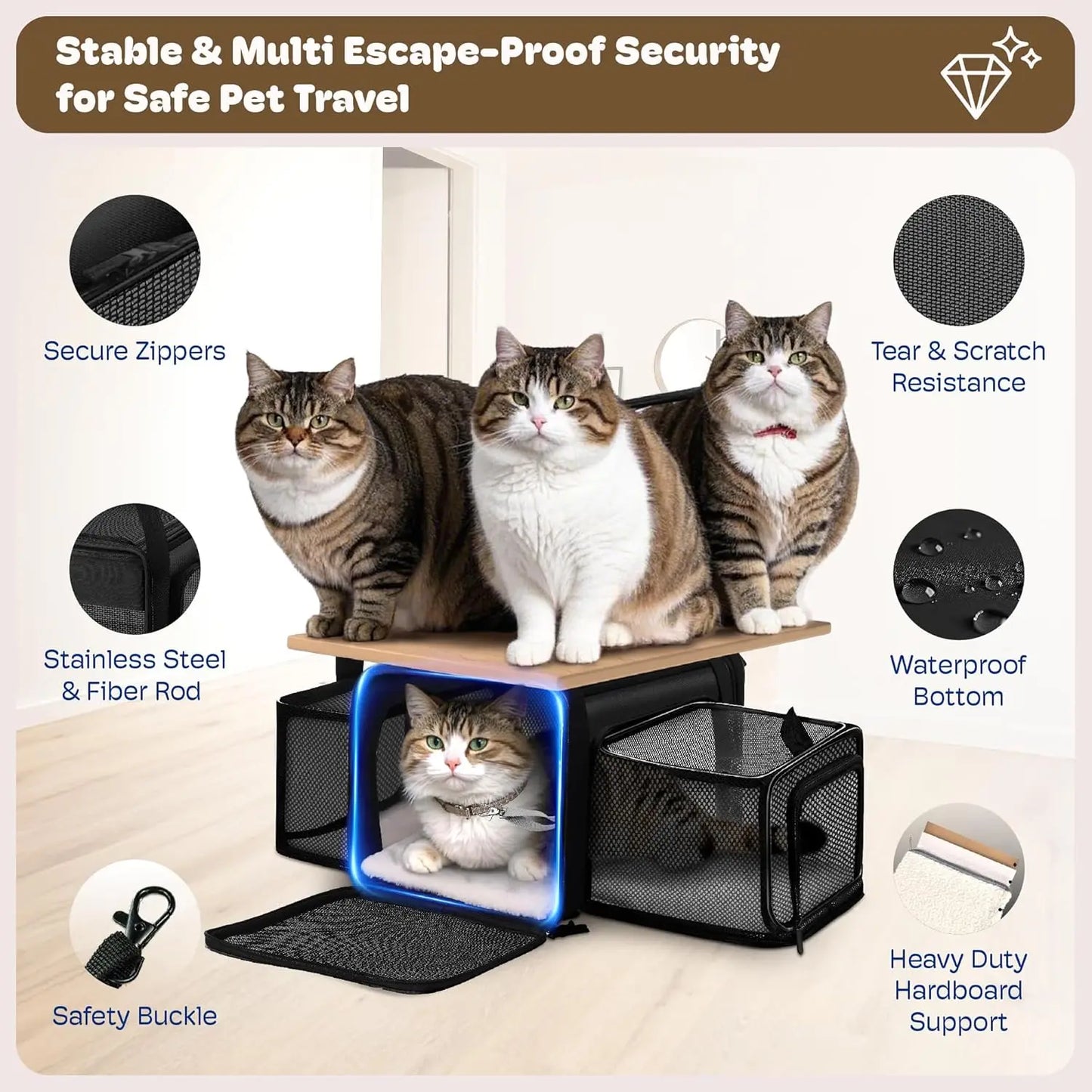 Top and 2 Sides Expandable Pet Carrier 17x11x9.5, TSA Airline Approved Soft-Sided Dog Carrier for Small Dogs, Cats, Puppies with
