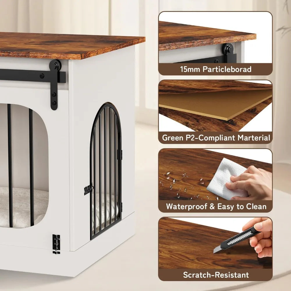 39.4" Farmhouse Dog Crate Furniture with Cushion, White Wooden End Table for Small to Large Dogs