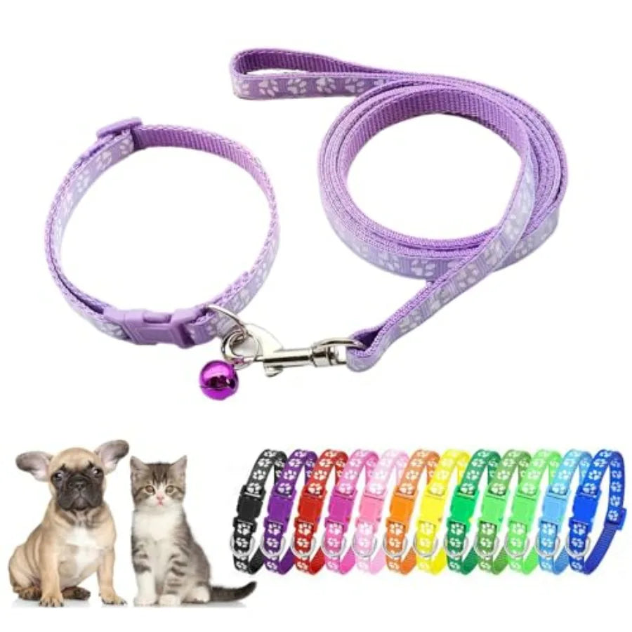 Purple Small Dog Collar and Leash Set, Pawprint Puppy Collar and Leash Adjustable Kitten Collar with Bell for Tiny Little XXS X
