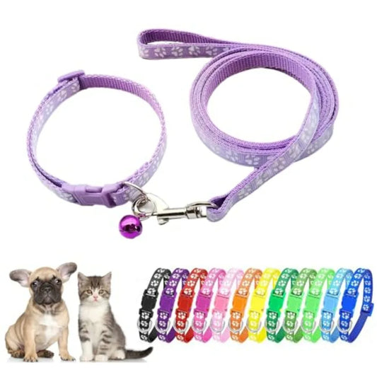 Purple Small Dog Collar and Leash Set, Pawprint Puppy Collar and Leash Adjustable Kitten Collar with Bell for Tiny Little XXS X