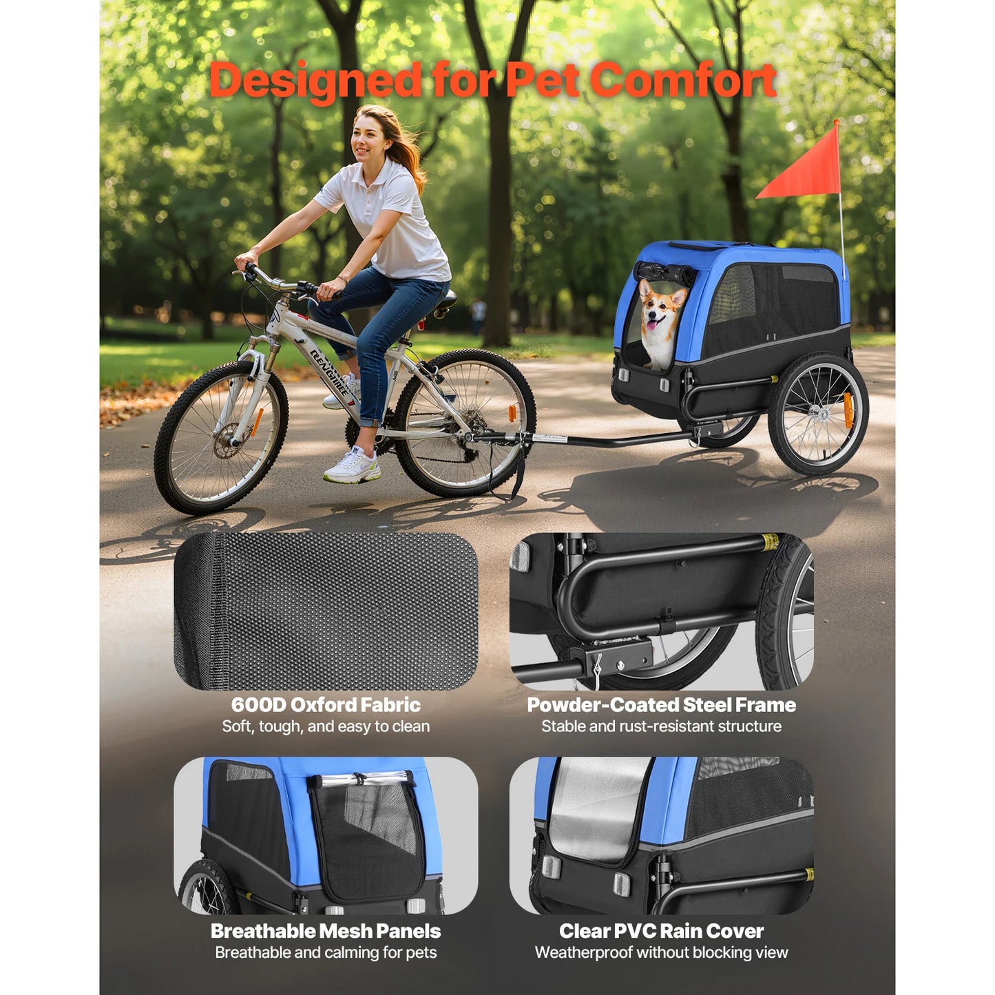 SucceBuy Dog Bike Trailer Pet Cart Bicycle Carrier for Small&Medium Dogs with Quick Release Wheel Universal Bicycle Coupler Flag