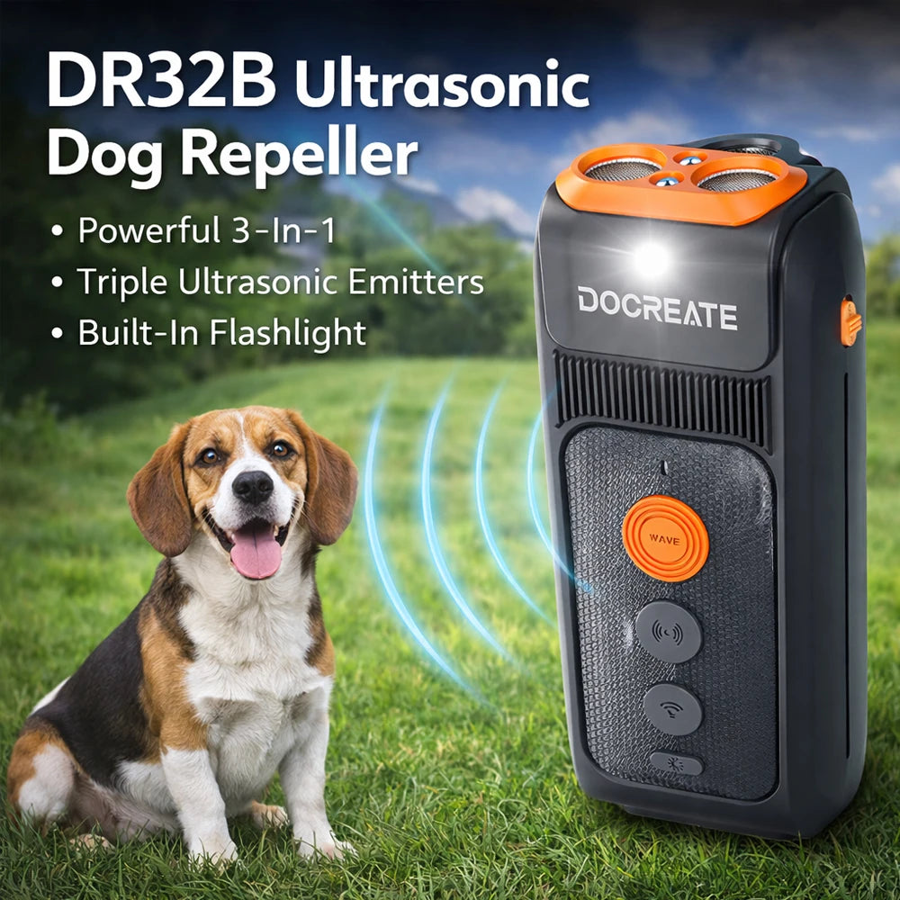 DOCREATE DR32B 3-in-1 Dog Repellent Ultrasonic Anti-Bark Trainer 25KHz 10M Range 900mAh USB-C Rechargeable with LED Flashlight
