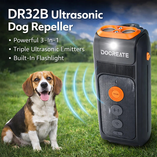 DOCREATE DR32B 3-in-1 Dog Repellent Ultrasonic Anti-Bark Trainer 25KHz 10M Range 900mAh USB-C Rechargeable with LED Flashlight
