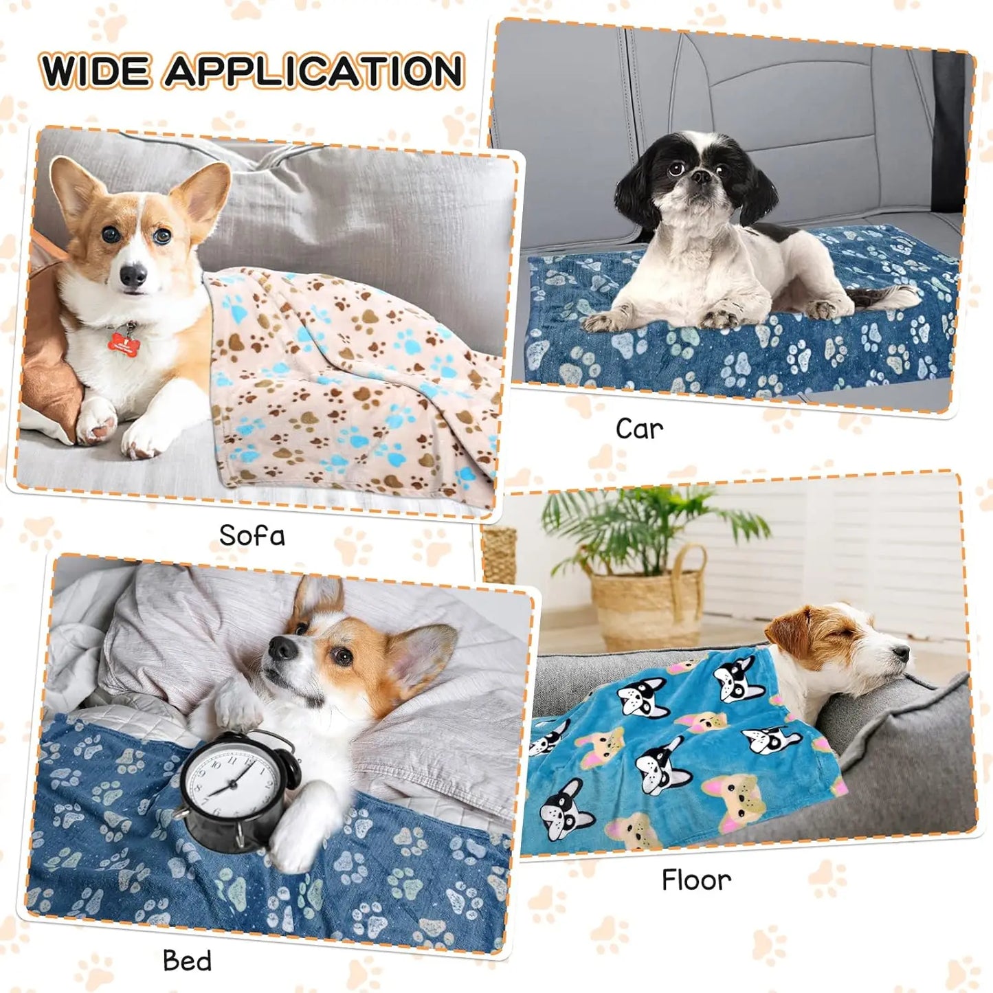 Soft Flannel Pet Blanket, Washable Dog Throw, Cute Paw Pattern, 41x31 inch, Blue/Beige/Navy