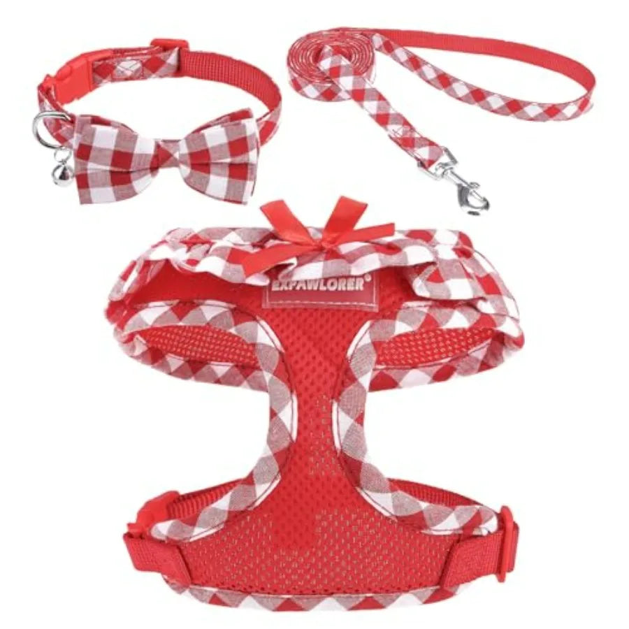 Cute Dog Harness Collar Leash Set - Girl Dog Harness Checke Step-in Design, Adjustable No-Choke Lightweight Mesh Vest for Cats