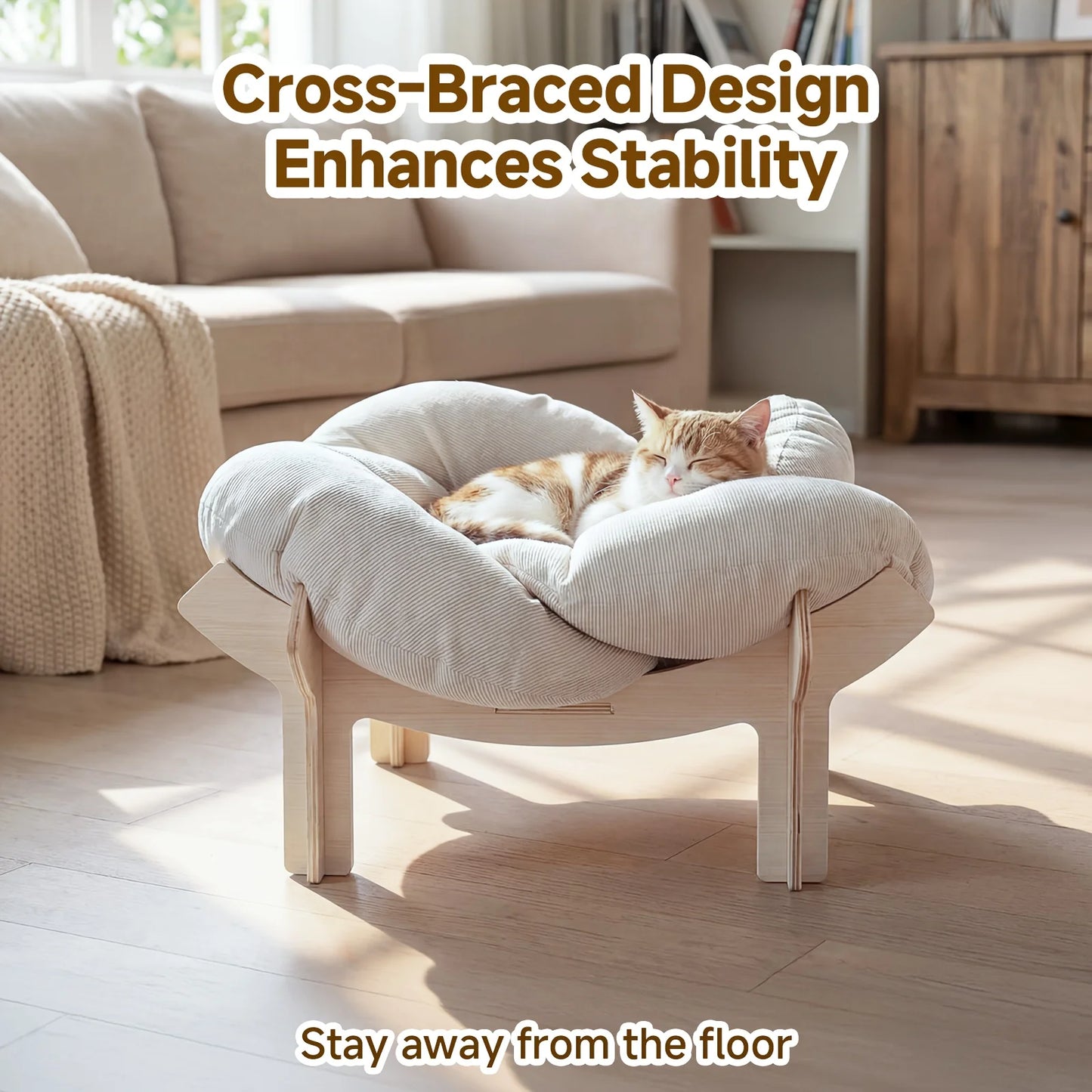 Large Flower-Shaped Pet Bed for Cats & Small Dogs - Modern Luxury High-Leg Sofa Bed with Solid Wood Base & Removable Mattress, I