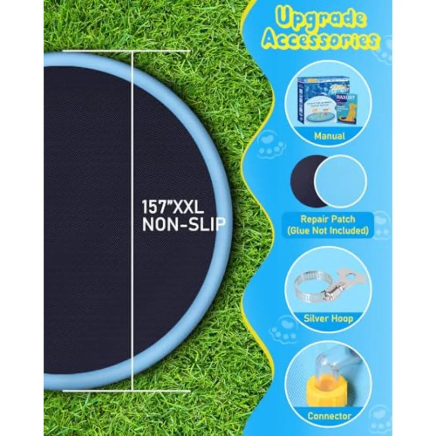 Outdoor splash pad for kids and dogs: 157-inch thickened anti-slip sprinkler mat in blue, UV-resistant and quick-dry for summer
