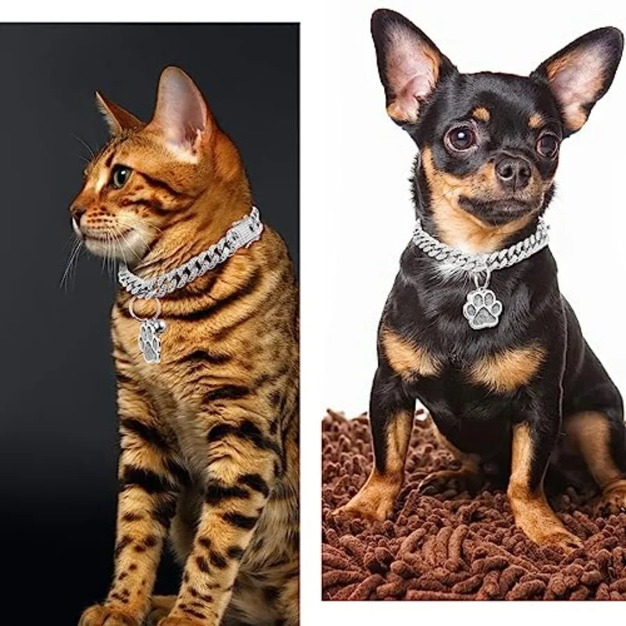 Cat Collar Diamond Chain Glitter Collar Walking Metal with Secure Buckle Cat Pet Necklace with Paw Charm and ID Tag Bell Link C