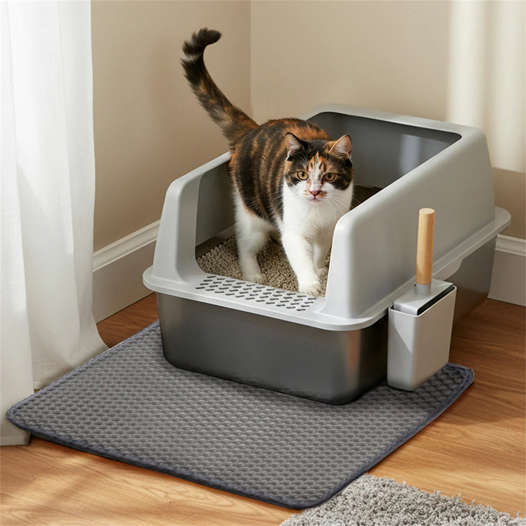 Large Stainless Steel Open Cat Litter Tray High Sided Deep Pan Box Loo Toilet with Litter Mat