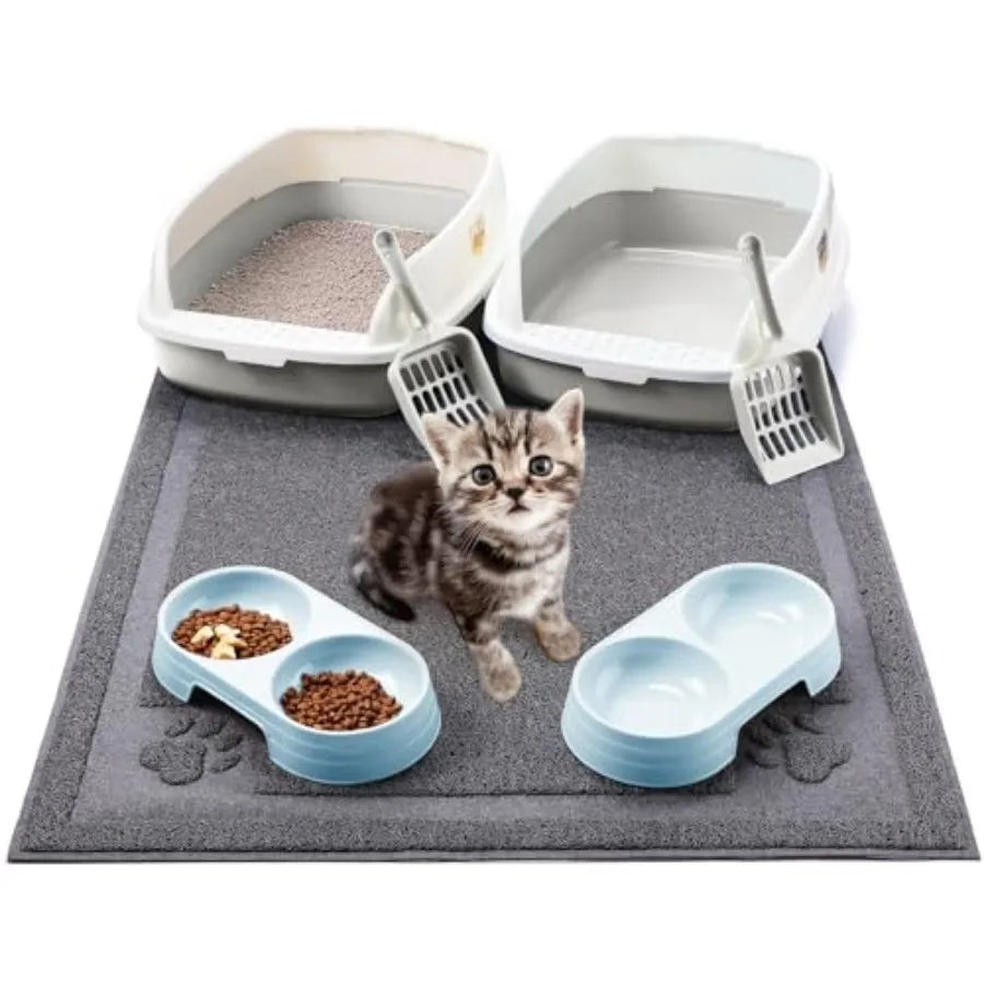 7 Pcs Kitten Litter Box Starter Kit 2 Plastic Small Kitty Litter Box Training Low Entry with Scoop 2 Double Cat Bowl and Mat fo