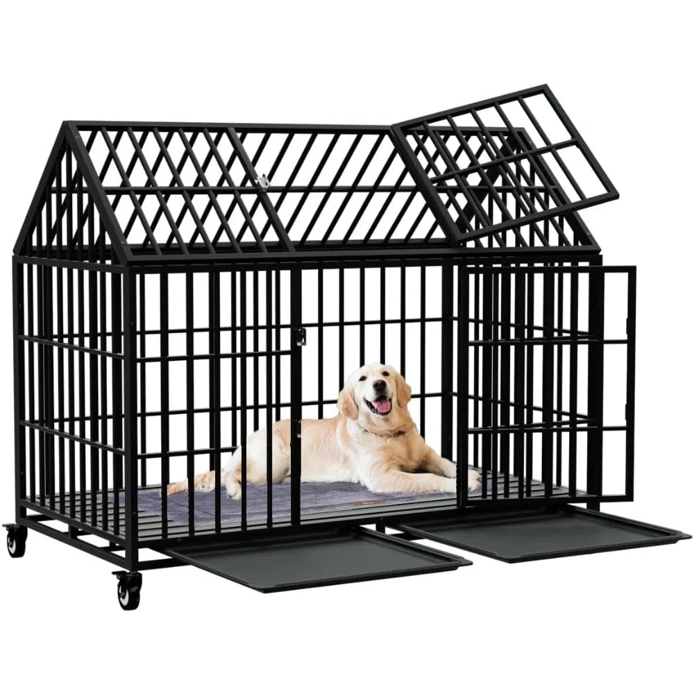 Duty Dog Crate Large Dog cage Strong Metal Dog Kennels  for Large Dogs Top Open with 2 Doors 4 Lockable Wheels，Customized