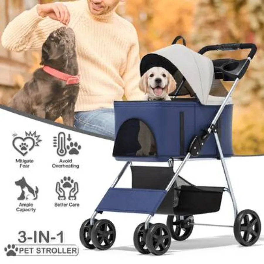 【New style】3 In 1 Foldable Pet Stroller For Small and Medium Dogs, Detachable Carrier, Car Seat, Push Button Entry, 4-Wheel Jog