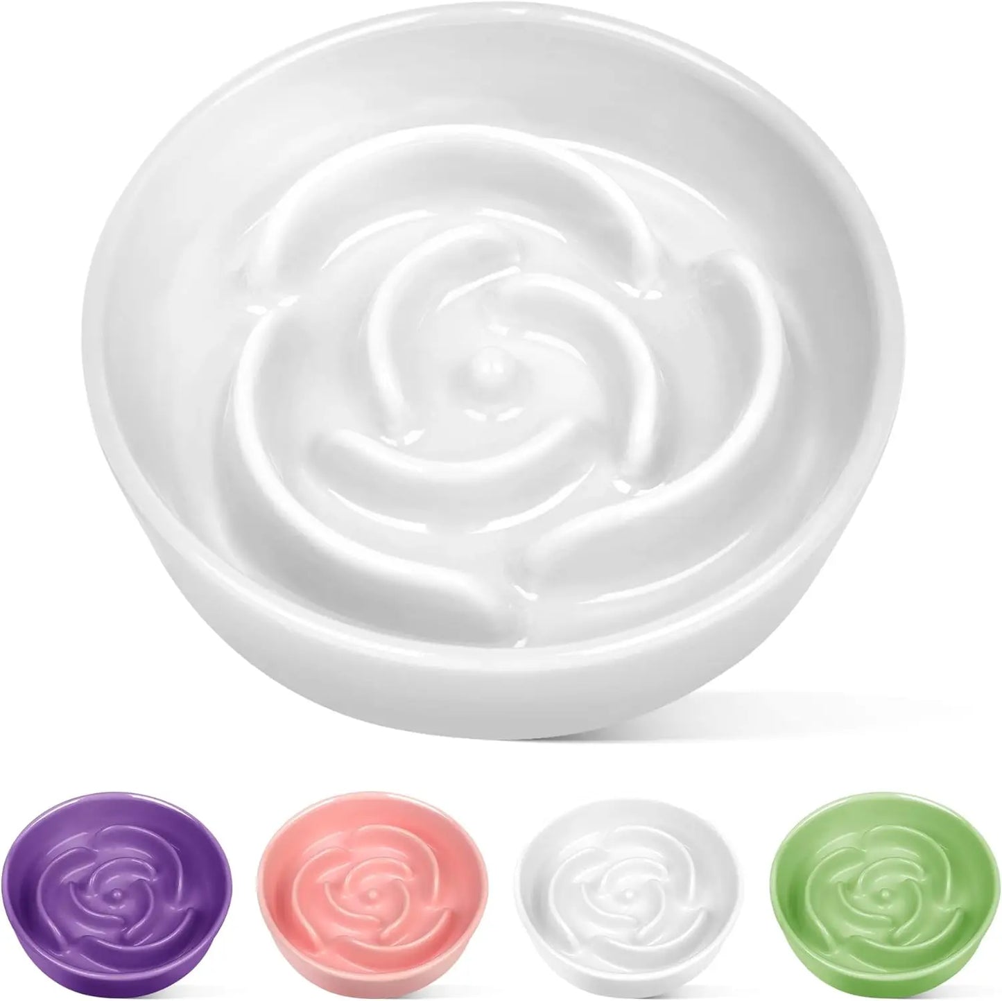 Ceramic Slow Feeder Dog Bowls for Small Breeds, 0.6 Cup Cat Bowl for Fast Eaters, Puzzle Dish No Black Chin, White