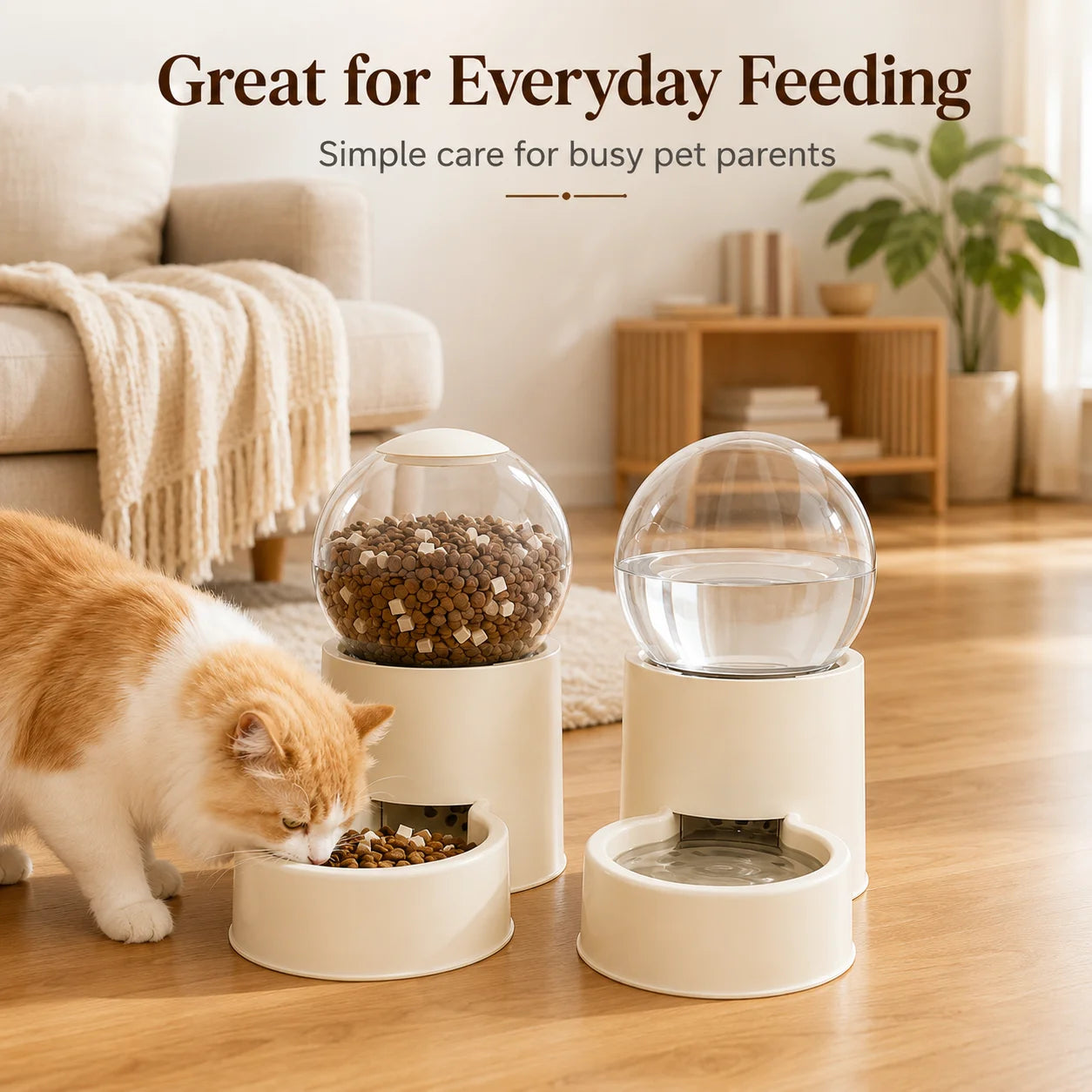 Keep Cats Fed & Hydrated Easily with Automatic Gravity Feeder and Water Dispenser, Spill-Proof, Transparent Dome Lid