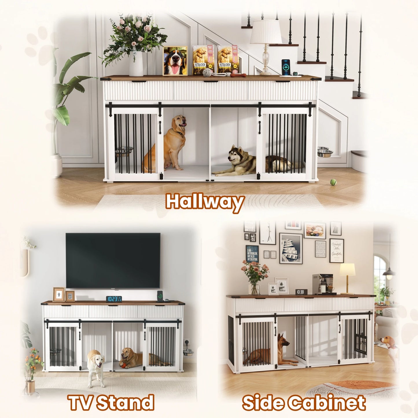 71 inch Pet Dogs Furniture Large Dog House Kennel with 3 Slot Drawers,Waterproof Walnut Tabletop,Power Socket,Feeder Bowls
