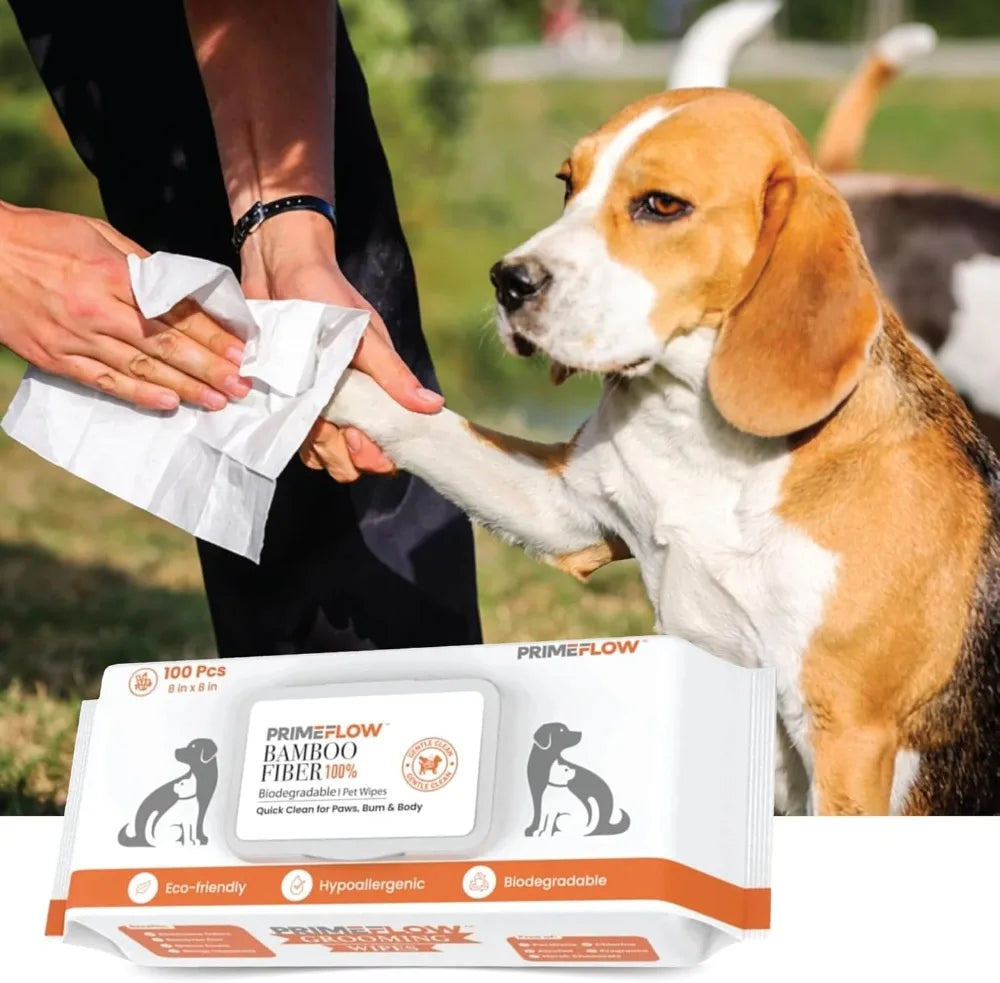 100% Bamboo Pet Wipes for Dogs & Cats, 100 Count, Alcohol-Free, Fragrance-Free, 8x8 in, Plant-Based, Lab-Tested