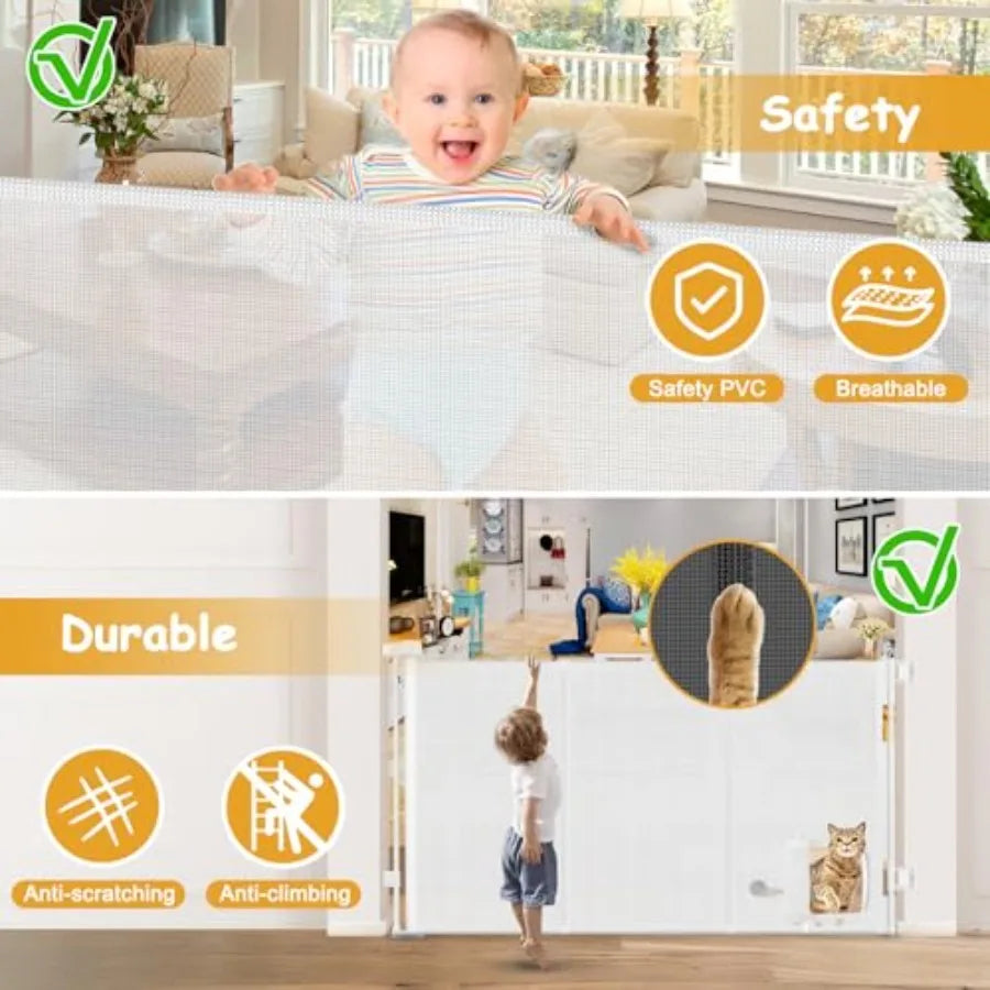 Reinforced 60" Wide Retractable Pet Gate with Cat Door Mesh Baby Gate for Stairs with Reinforced Strips Retractable Dog Gates w