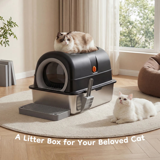 JHK 24IN Stainless Steel Cat Litter Box with Fully Enclosed 30L Large Cat Litter Box for Big Cats Cat Box Scoop and Mat Included