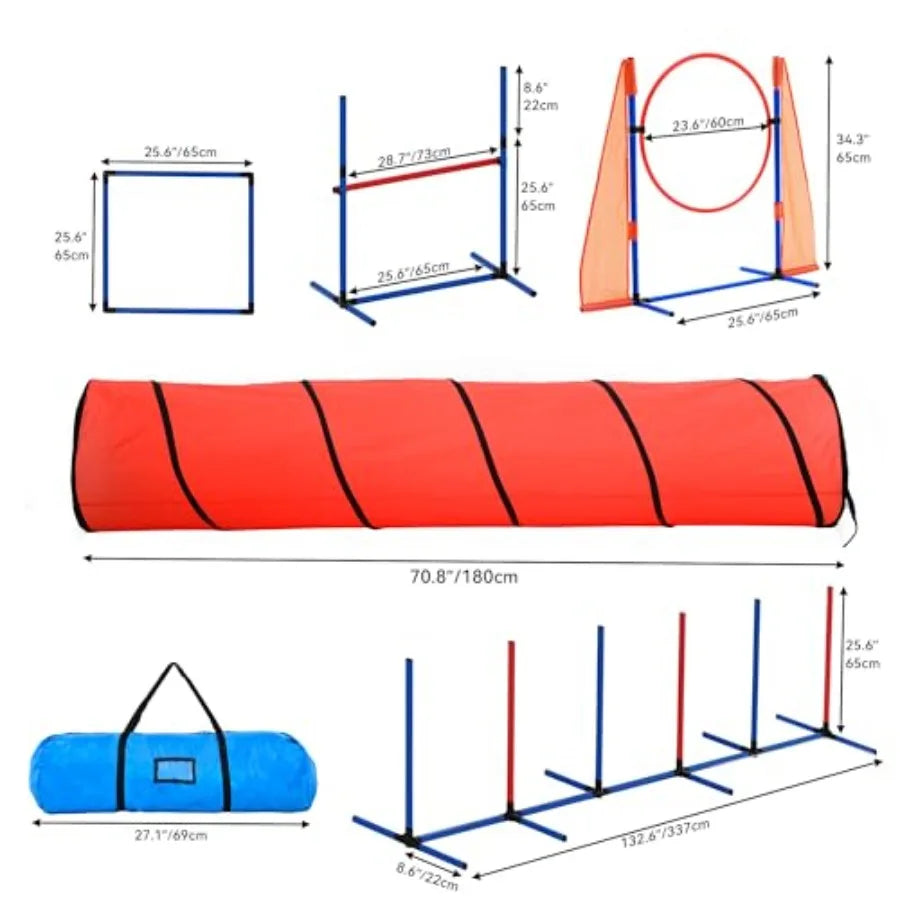 Dog Agility Accessories Kit: Comprises of a Teaser Pole, 2 Hurdles, 6 Weaving Poles, Agility Tunnel, Pause Box, Full Set of Agi