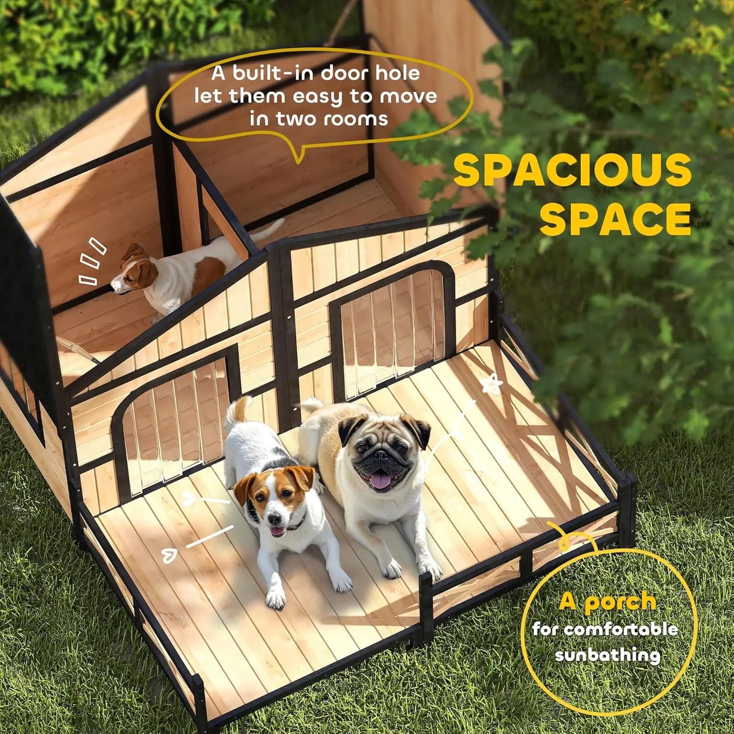 Weatherproof Wooden Dog House with Porch & Roof, Removable Floor, Elevated Double Room for Small Medium Breeds, Custom