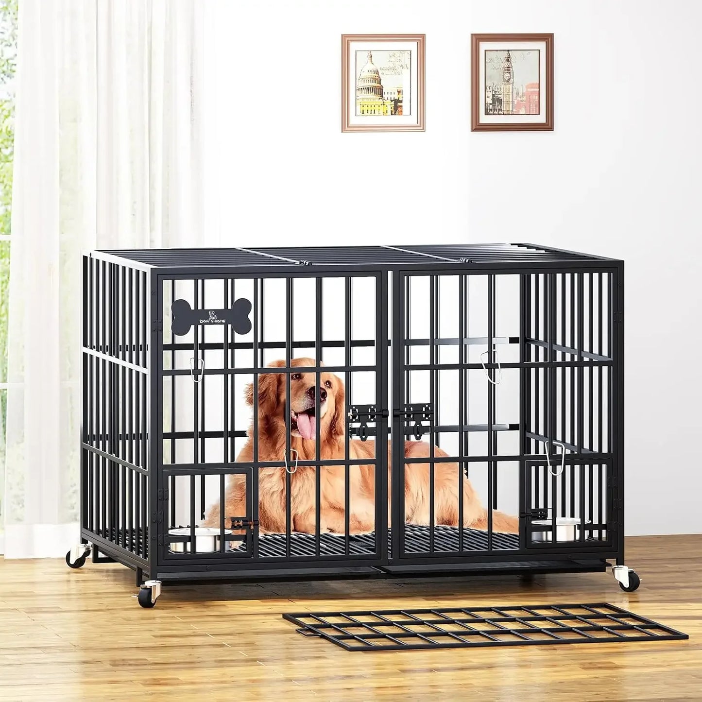 42/48 inch Heavy Duty Metal Dog Crate for 2 Dogs/Large Dog,All Metal Open Top Stackable,Dog Kennel Indoor with Wheels,Floor Grid