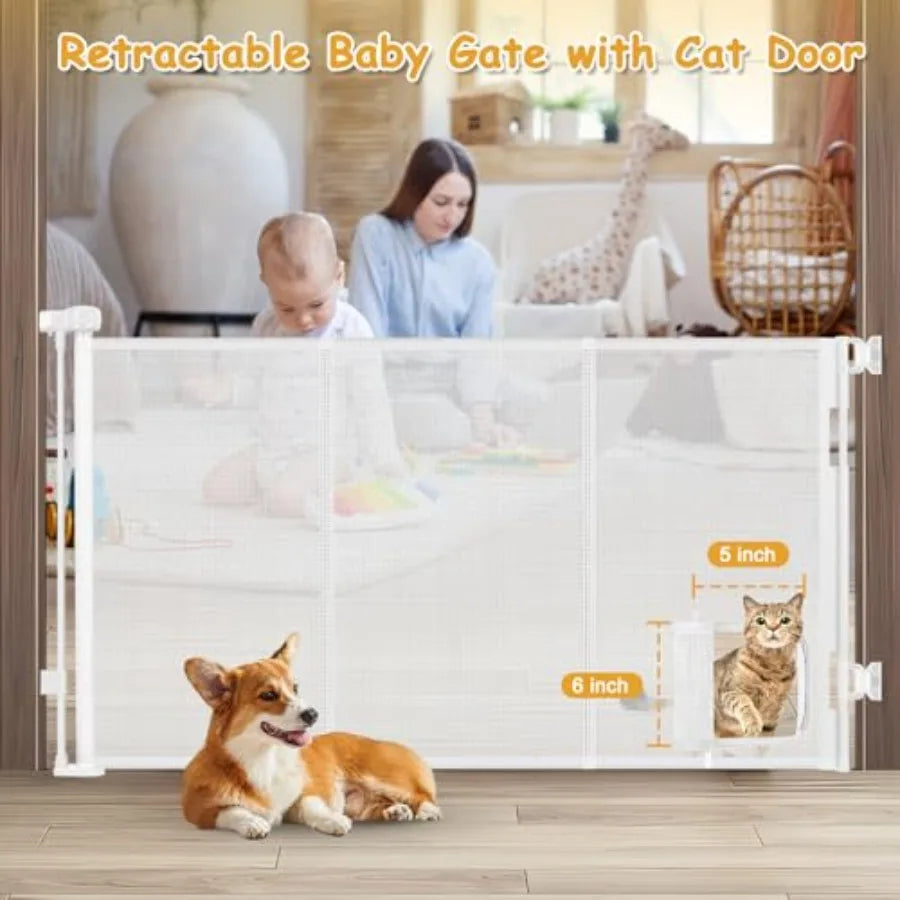 Reinforced 60" Wide Retractable Pet Gate with Cat Door Mesh Baby Gate for Stairs with Reinforced Strips Retractable Dog Gates w