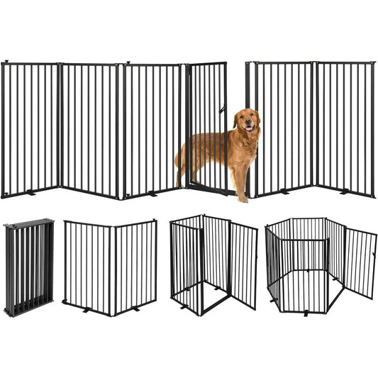 6 Panels Metal reestanding Dog Gates with Door,120''W Detachable oldable Dog ence Indoor Outdoor Puppy Gate, 32''H ree Standing
