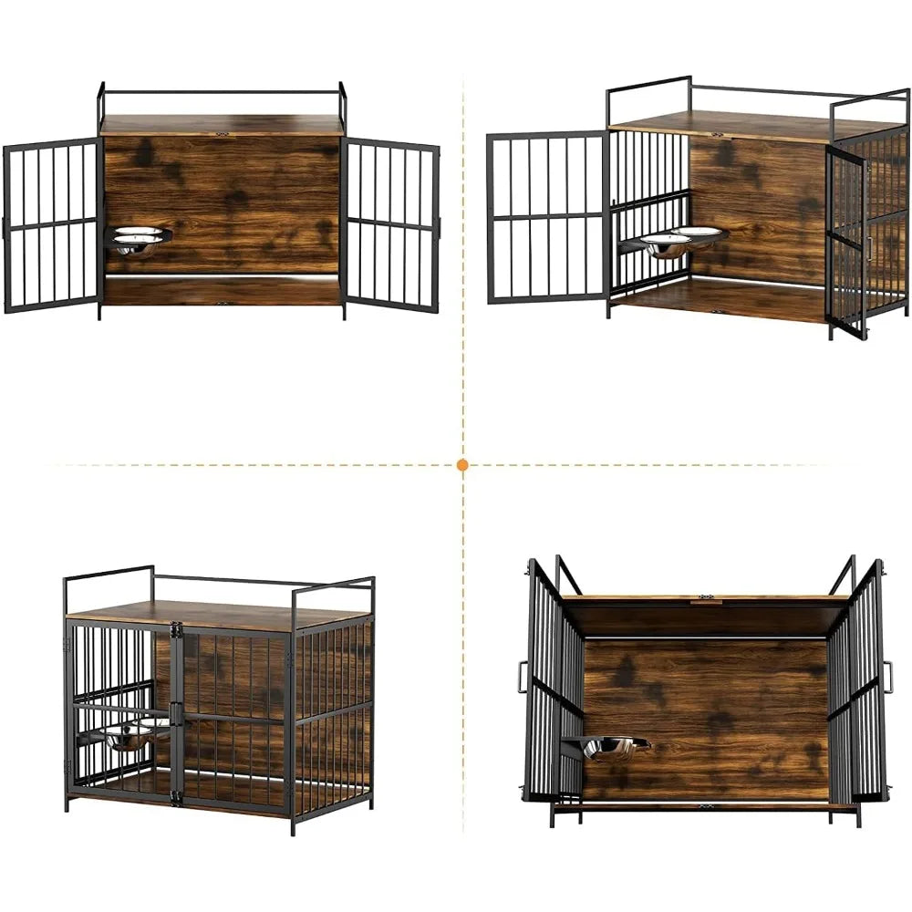 Large Dog Crate 360° Adjustable Raised Feeder Stainless Steel Bowls End Table Indoor 41x24x36 Brown, Custom