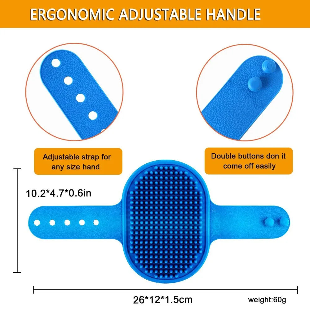 Dog Bath Brush, Shampoo Brush with Adjustable Ring Handle, Long Bristles, Anti-Slip Back & Strap, Pet Grooming Brush for Dogs & Cats 2pcs