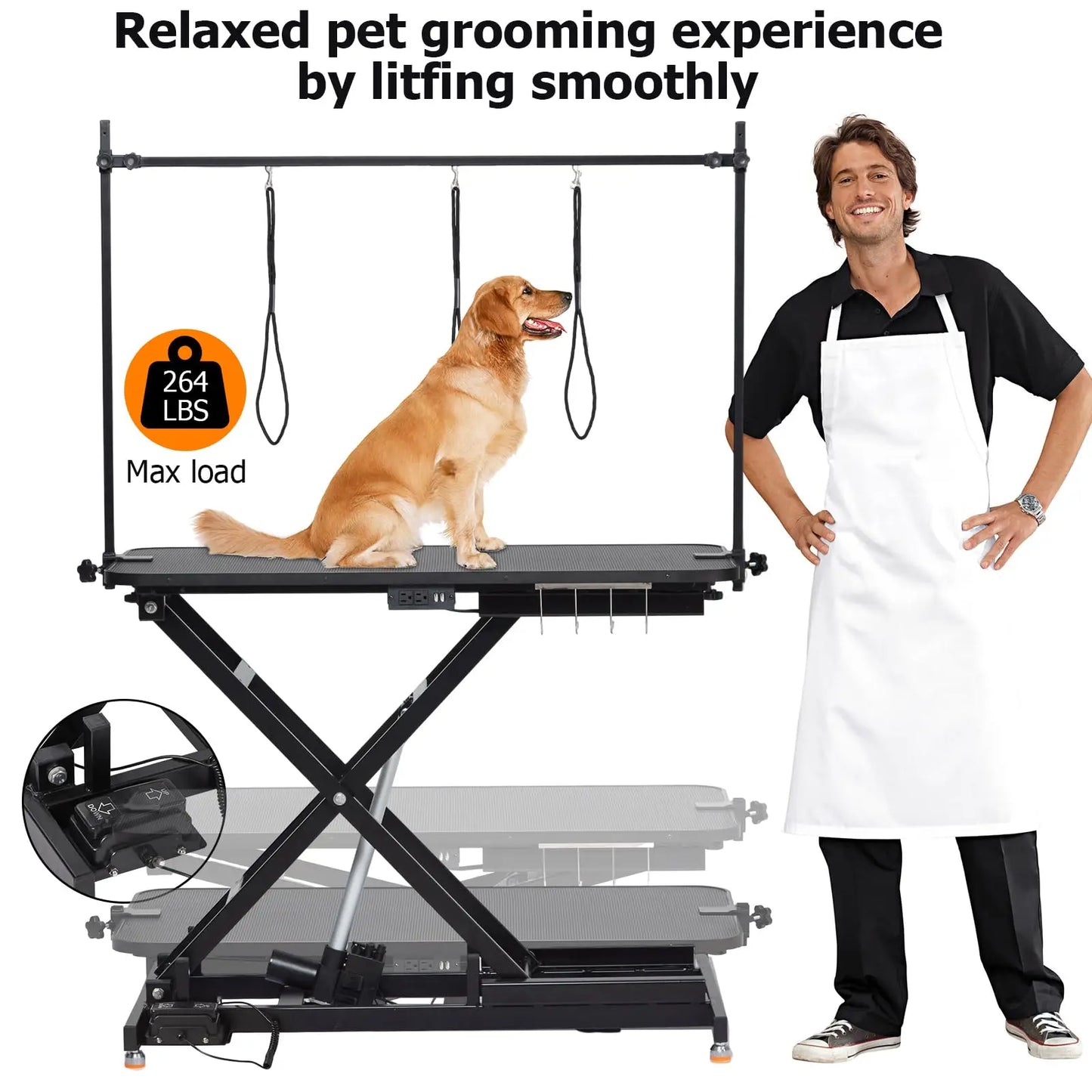 Electric Dog Grooming Table, Height Adjustable Pet Grooming Table with Arm, 264LBS Capacity, Anti-Slip Top & Tool Organizer, for Home/Professional Use, Black