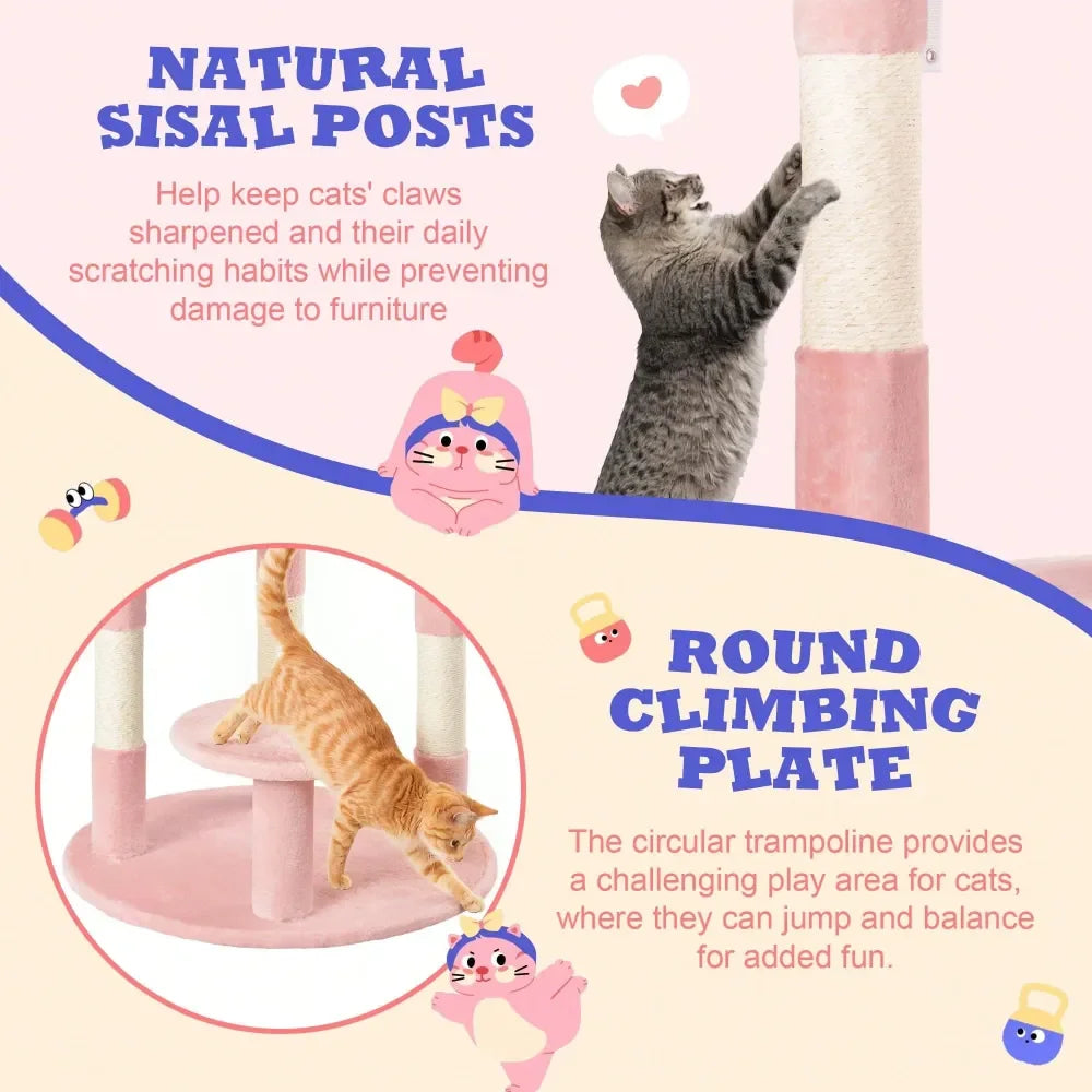 55.5 In Cat Tree For Indoor Kitties, Soft Plush Perches, MultiLevel Cat Tower, Sisal ching Posts, Crescent Plates, Round J