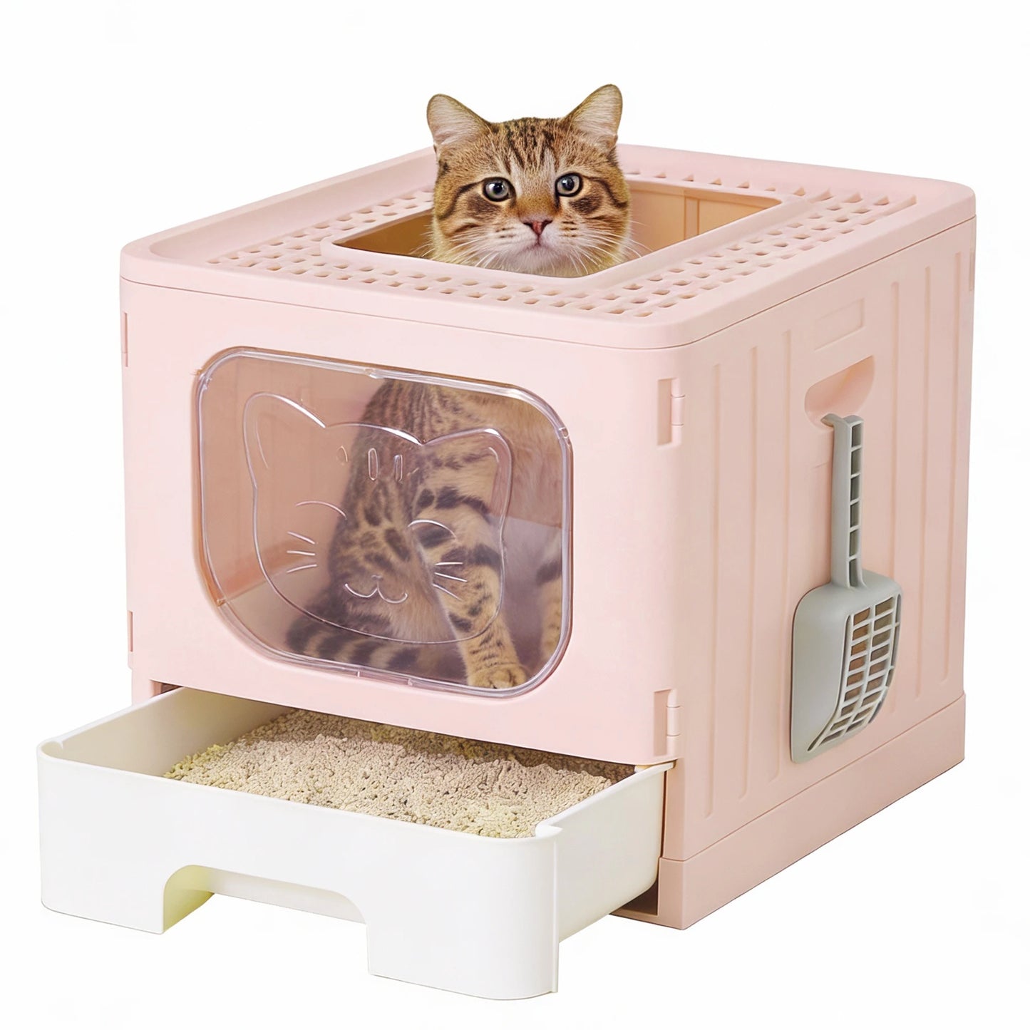 JHK 19IN Cat Litter Box with Lid Large Foldable Cat Box with Litter Scoop Front Entry Top Exit Kitty Litter Box with Door