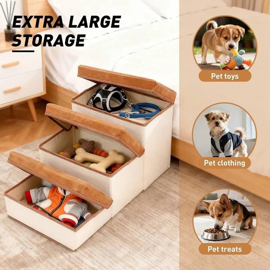 【New style】3-Tier Collapsible Dog Stair With Non-Slip Surface, Pet Ramp For Small To Extra Small Dog Breeds-Great For High Beds